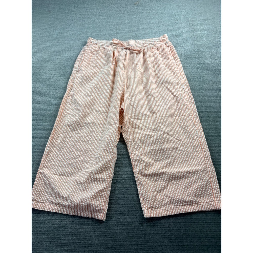 Uniqlo Capri Seersucker Pants Women M Striped Drawstring Coastal Pull On Casual